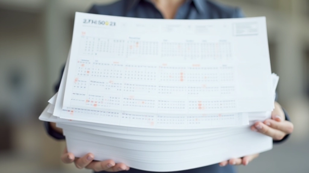 Kalenderblätter übereinander, die sechs Jahre darstellen, mit Monatsangaben und Jahreswechsel