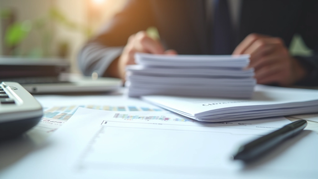 Dokumentenstapel mit Verträgen und Stift auf Schreibtisch neben Taschenrechner
